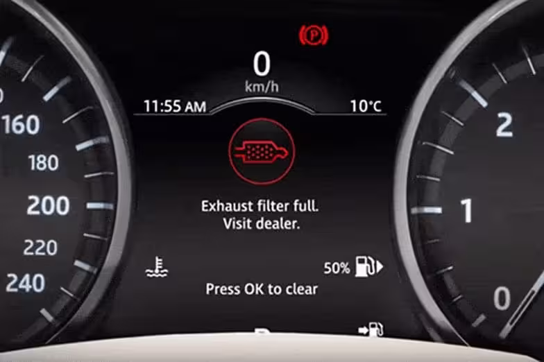 DPF warning light lit on a car dashboard