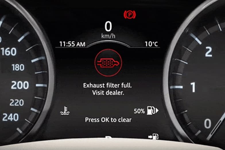 DPF Diesel Particulate Filter warning light on car dashboard