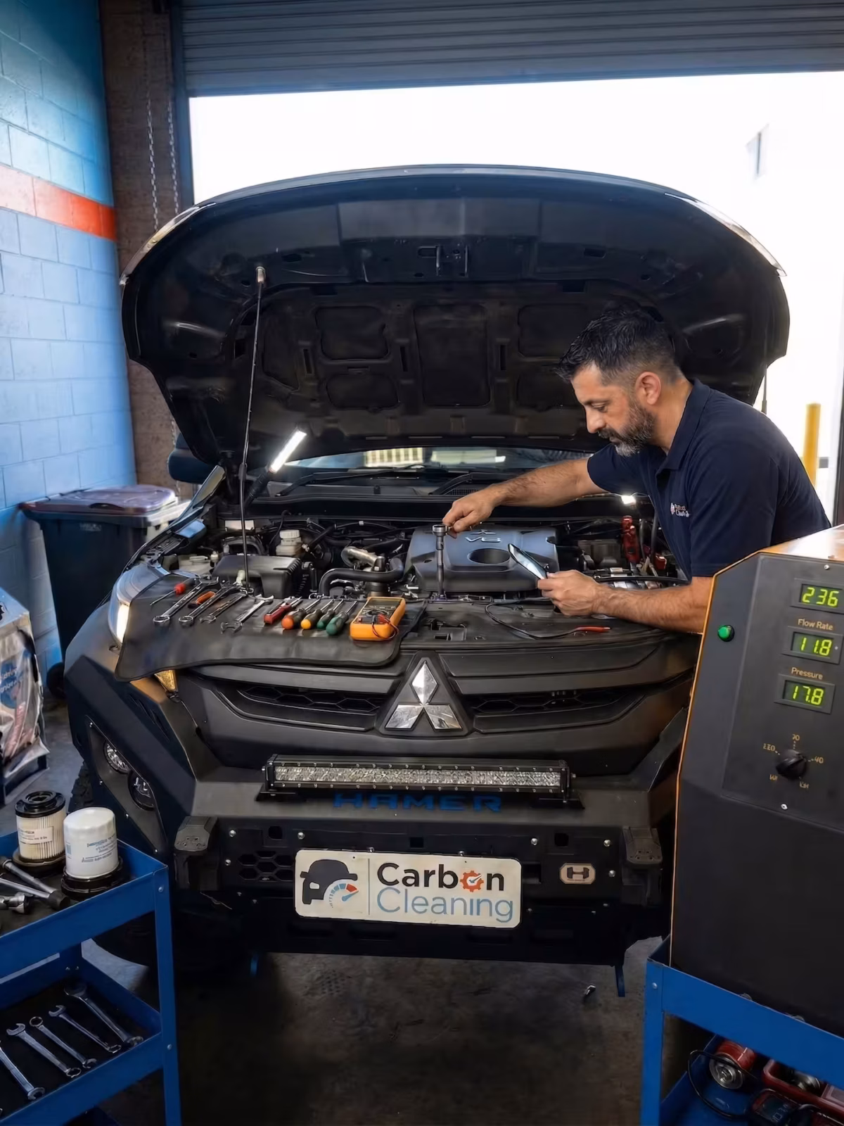 Nas working on a car engine in the Expert Carbon Cleaning workshop at Kings Park